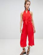 Qed London Halterneck Tie Front Jumpsuit - Red