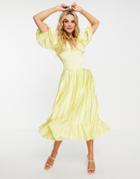 Asos Design Satin Plunge Neck Pleated Midi Tea Dress In Yellow