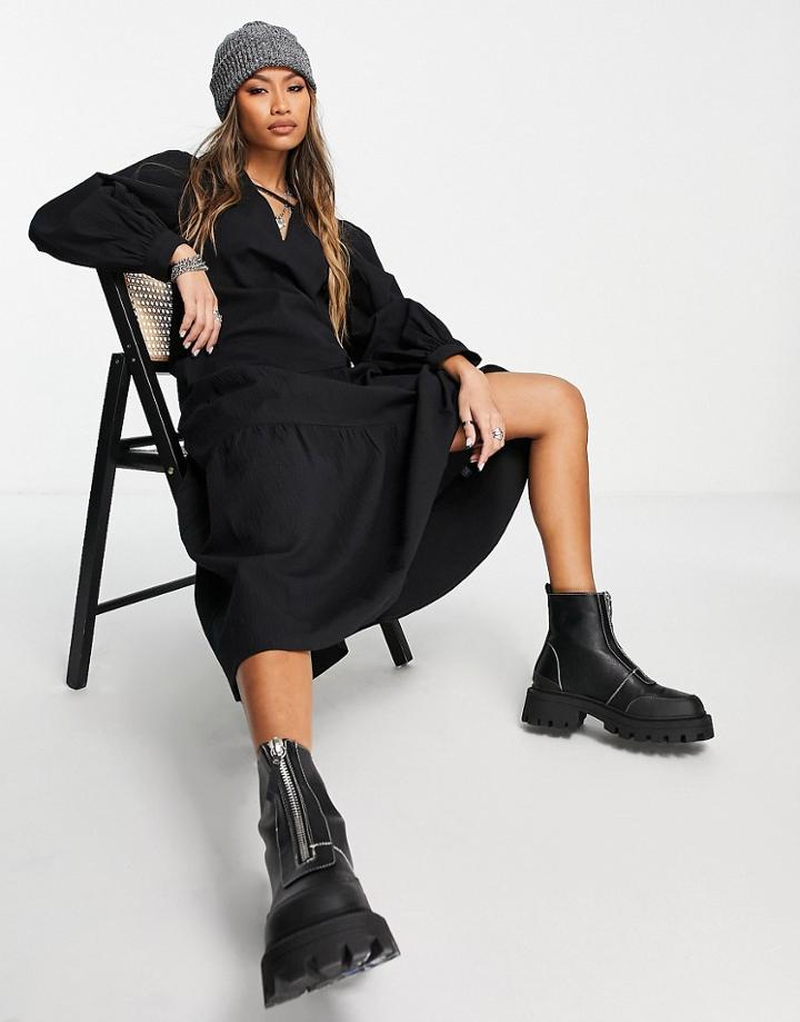 Topshop Textured Poplin Chuck On Dress In Black