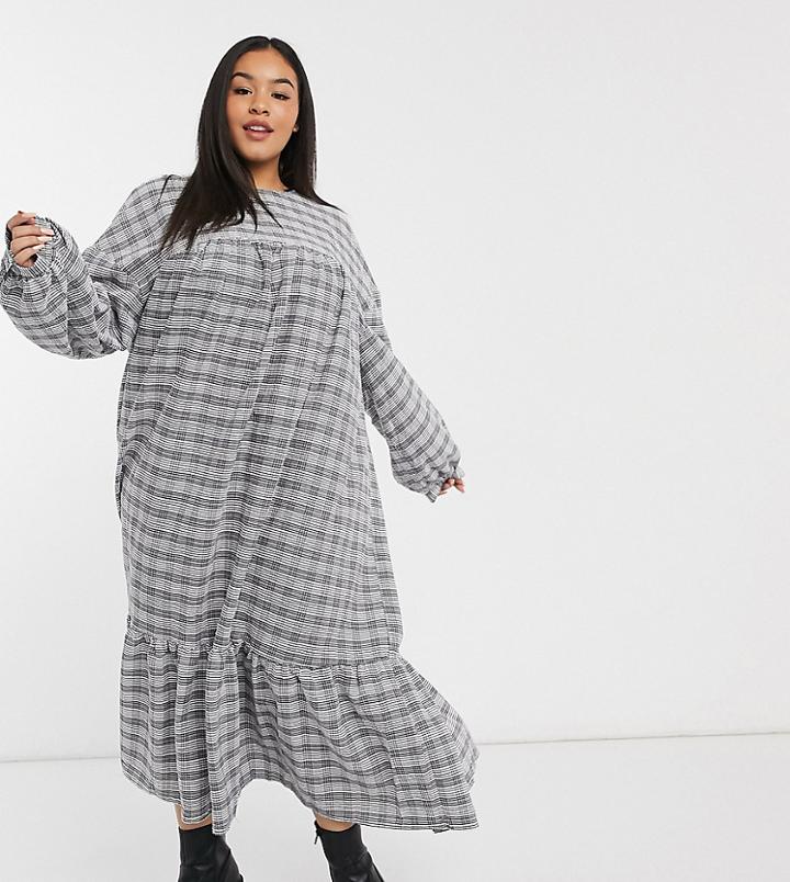 Asos Design Curve Plaid Midi Smock Dress With Peplum Hem-multi