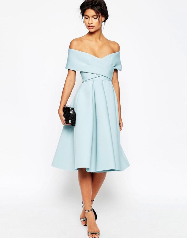 Asos Premium Scuba Off The Shoulder Midi Dress - Blue