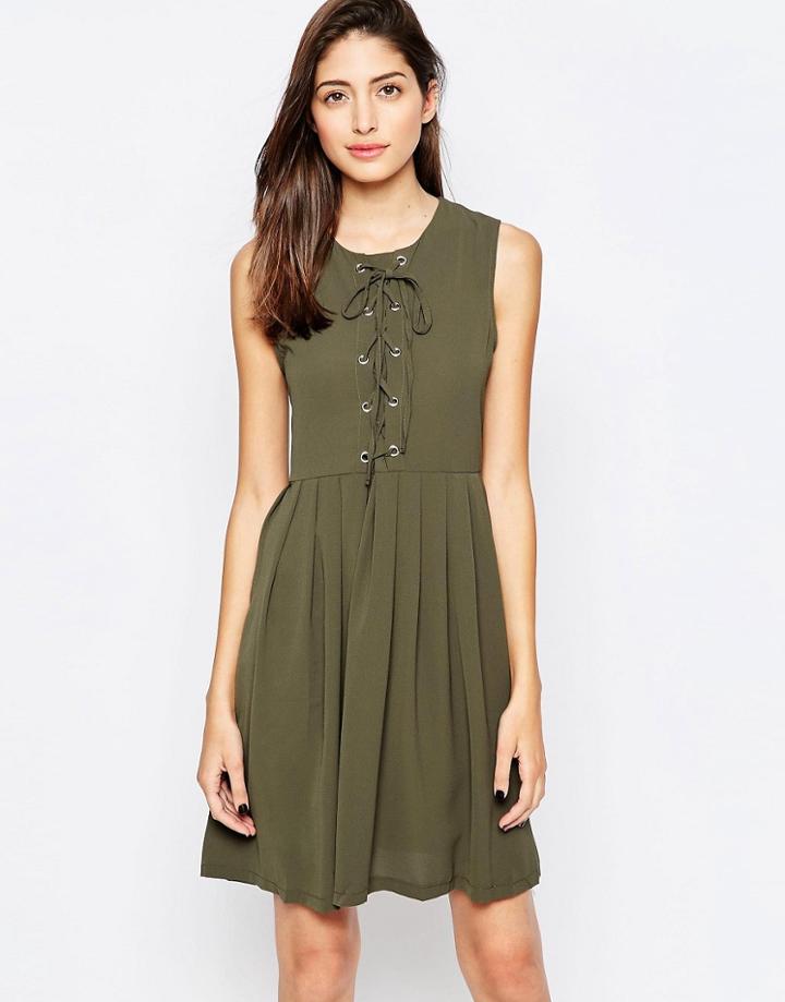 Brave Soul Skater Dress With Tie Up Front - Olive