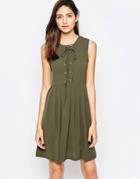 Brave Soul Skater Dress With Tie Up Front - Olive