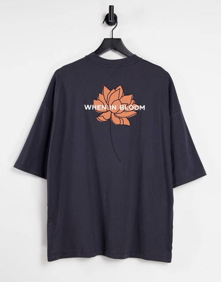 Asos Design Oversized T-shirt In Black With Back Flower & Text Print
