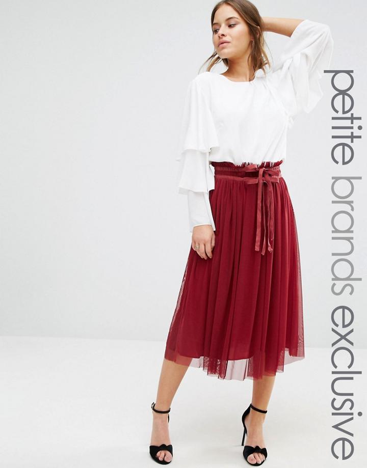 John Zack Petite Tulle Midi Skirt With Frill Waist Band - Red