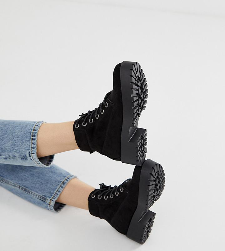 New Look Lace Up Chunky Flat Boot In Black