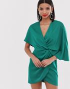 Asos Design Satin Kimono Mini Dress With Knot Front And Asymmetric Sleeve-green