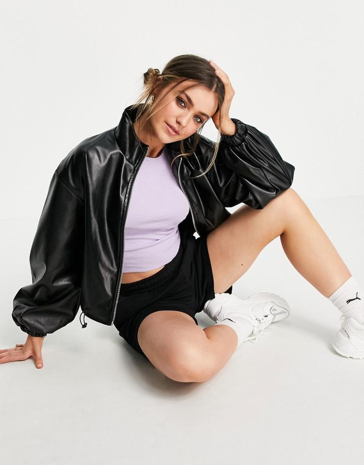Asos Design Cropped Faux Leather Zip Through Jacket In Black