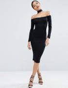 Asos Long Sleeve Off The Shoulder Bardot Midi Bodycon Dress With Lace