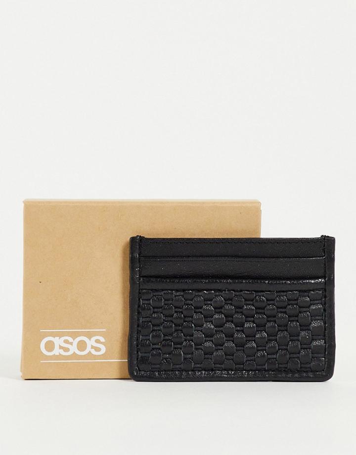 Asos Design Leather Card Holder In Black Weave