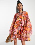 Twisted Wunder Retro Bell Sleeve Mini Swing Dress In Boho Print-pink