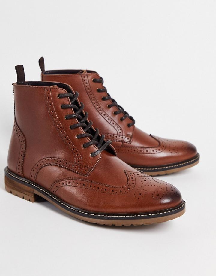 Silver Street Lace Up Brogue Boots In Brown Leather