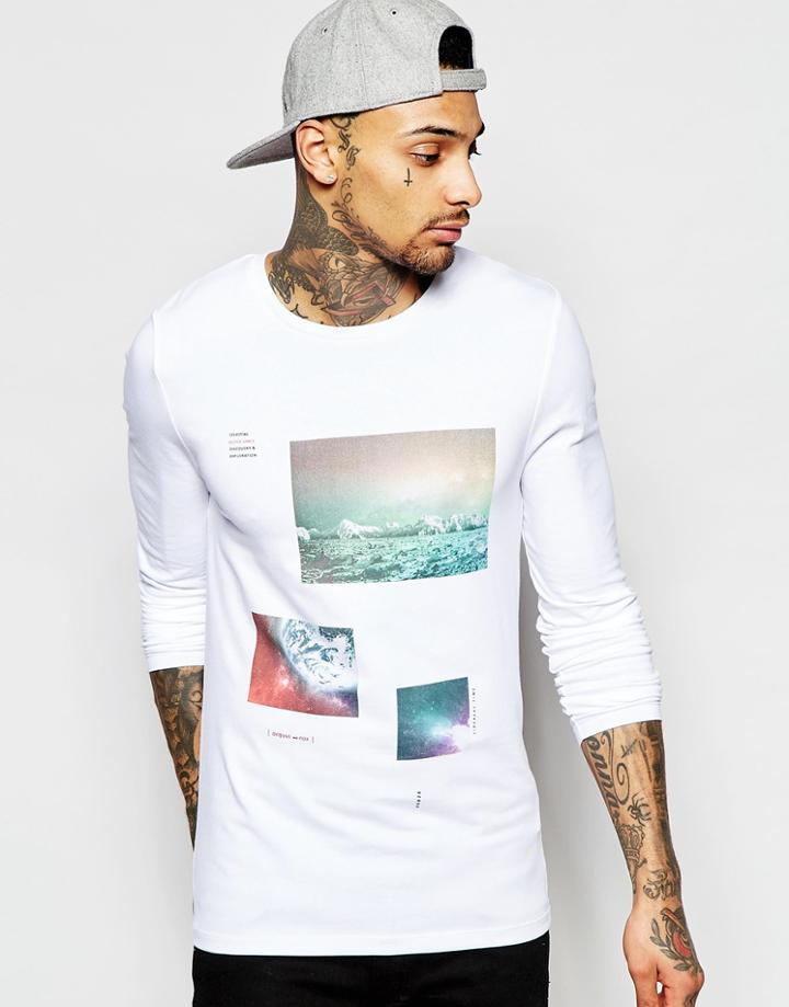 Asos Muscle Long Sleeve T-shirt With Space Print - White