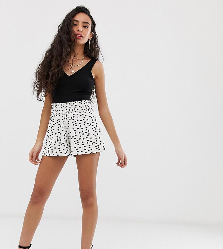 Asos Design Petite Shirred Waist Short In Polka Dot Print-white