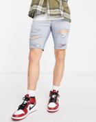 Asos Design Skinny Denim Jeans In Light Wash Blue With Rips And Raw Hem