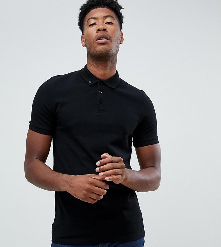 Asos Design Tall Pique Polo With Button Down Collar In Black