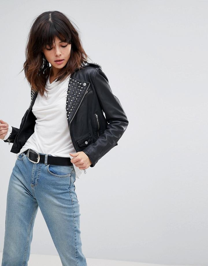 Muubaa Voisin Spike Studded Leather Biker Jacket - Black