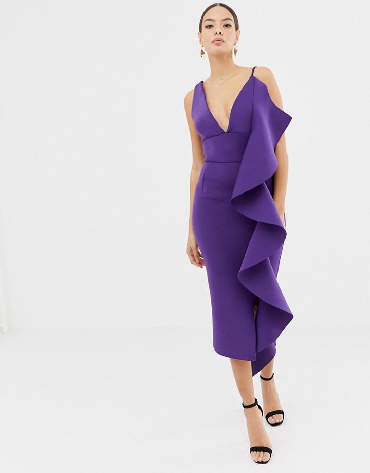 Lavish Alice Scuba V Midi Dress With Sculpted Frill Detail In Purple - Purple