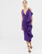 Lavish Alice Scuba V Midi Dress With Sculpted Frill Detail In Purple - Purple