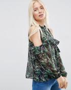 Asos Cold Shoulder Ruffle Top In Floral Print - Multi