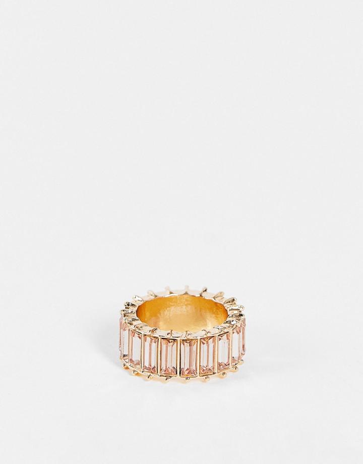Asos Design Ring With Pink Baguette Stones In Gold Tone - Gold