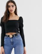 Asos Design Long Sleeve Top With Square Neck And Puff Sleeve In Black - Black