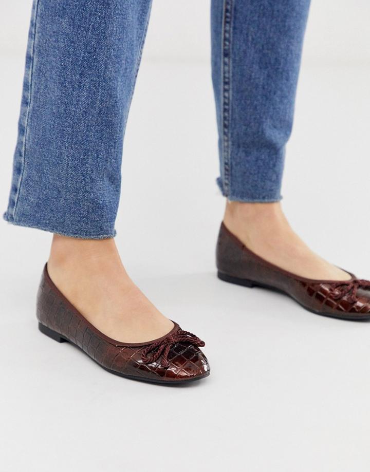 Asos Design Loretta Bow Ballet Flats In Brown Croc