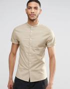 Asos Skinny Shirt In Stone With Grandad Collar And Short Sleeves - Beige