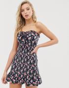 Asos Design Shirred Bandeau Sundress With Pep Hem In Floral Print-multi