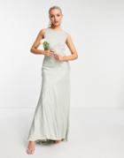 Asos Design Bridedmaid Cowl Back Satin Maxi Dress With Button Side Detail In Olive-green