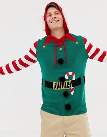 Brave Soul Holidays Hooded Elf Sweater With Bells-green