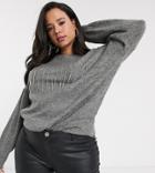 Simply Be Sweater With Rhinestone Fringing In Gray