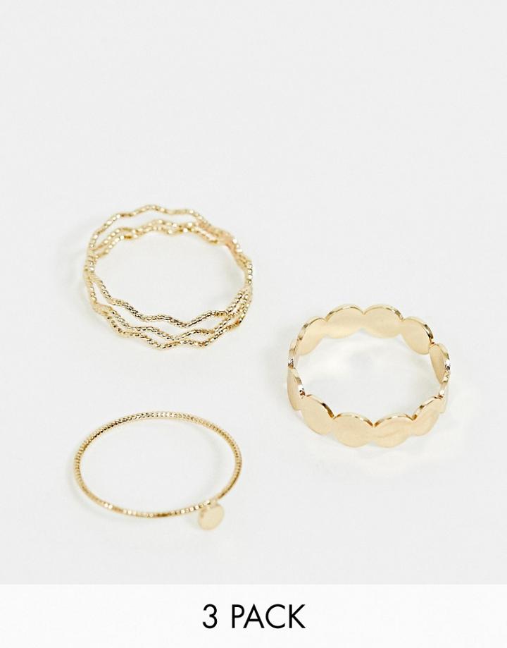 Asos Design Curve Pack Of 3 Rings In Textured Wave And Circle Design In Gold - Gold