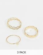 Asos Design Curve Pack Of 3 Rings In Textured Wave And Circle Design In Gold - Gold