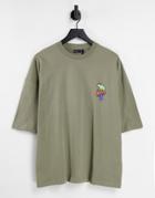 Asos Design Oversized T-shirt In Khaki Organic Cotton With Cartoon Frog Chest Print-green
