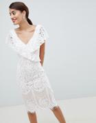 City Goddess Lace Pencil Dress With Frill Overlay - White
