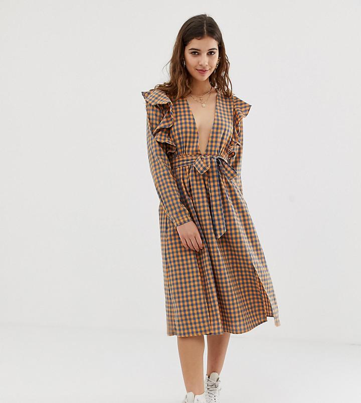 Glamorous Midi Dress With Ruffle Shoulders In Gingham