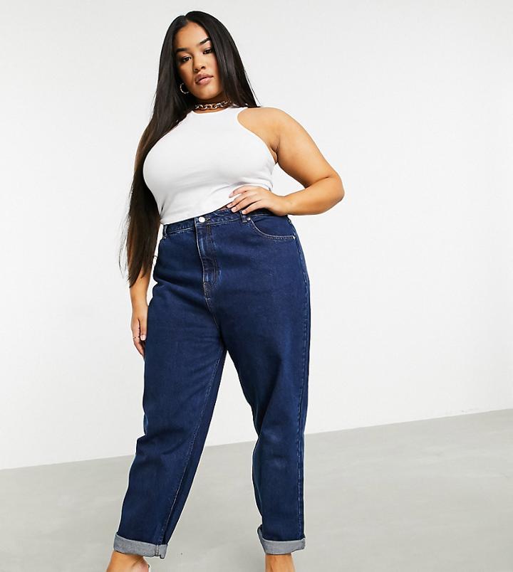 Asos Design Curve High Rise Original Mom Jeans In Dark Wash-blues