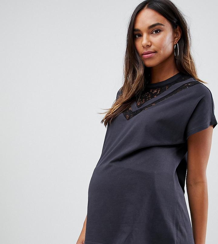 Asos Design Maternity T-shirt In Washed Gray With Lace Insert - Gray
