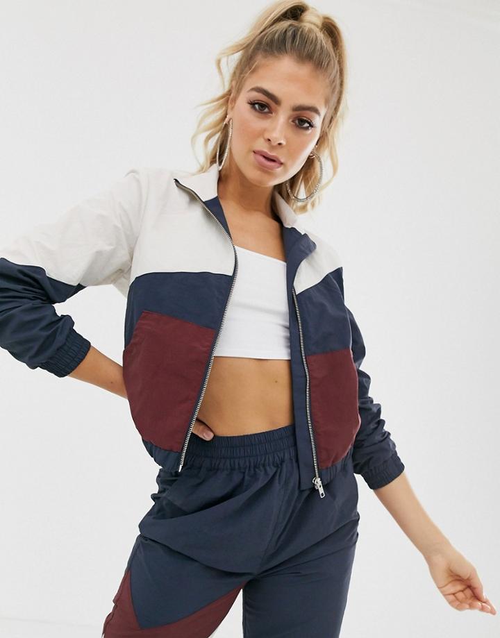 Asos Design Cropped Tracksuit Jacket In Navy Color Block - Navy