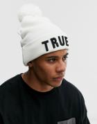 Asos Design Bobble Beanie In White With True Badging