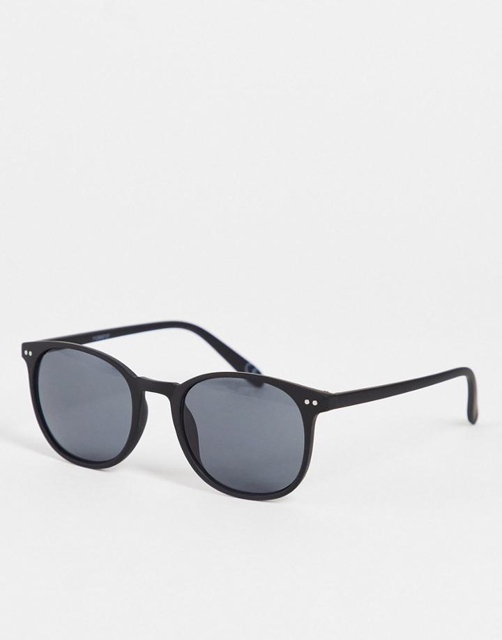 Asos Design Frame Round Sunglasses In Matte Black With Smoke Lens - Black