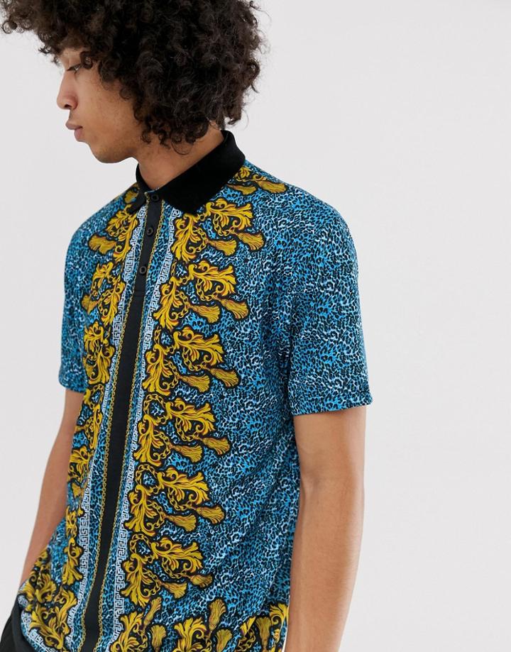 Asos Design Relaxed Longline Polo In Blue Leopard Print With Baroque Border Print