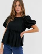 Asos Design Linen Smock Top - Black
