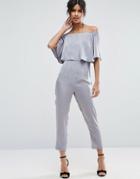 Asos Ruffle Bardot Jumpsuit In Satin - Gray
