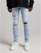 Bershka Super Skinny Jeans With Rips In Blue-blues