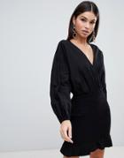 Asos Design Wrap Mini Dress With Shirred Skirt - Black