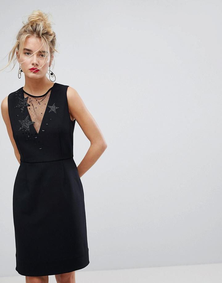 Essentiel Antwerp Star Embellished Mesh Insert Dress - Black