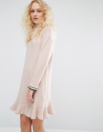 I Love Friday Crew Neck Dress With Frill Hem - Pink