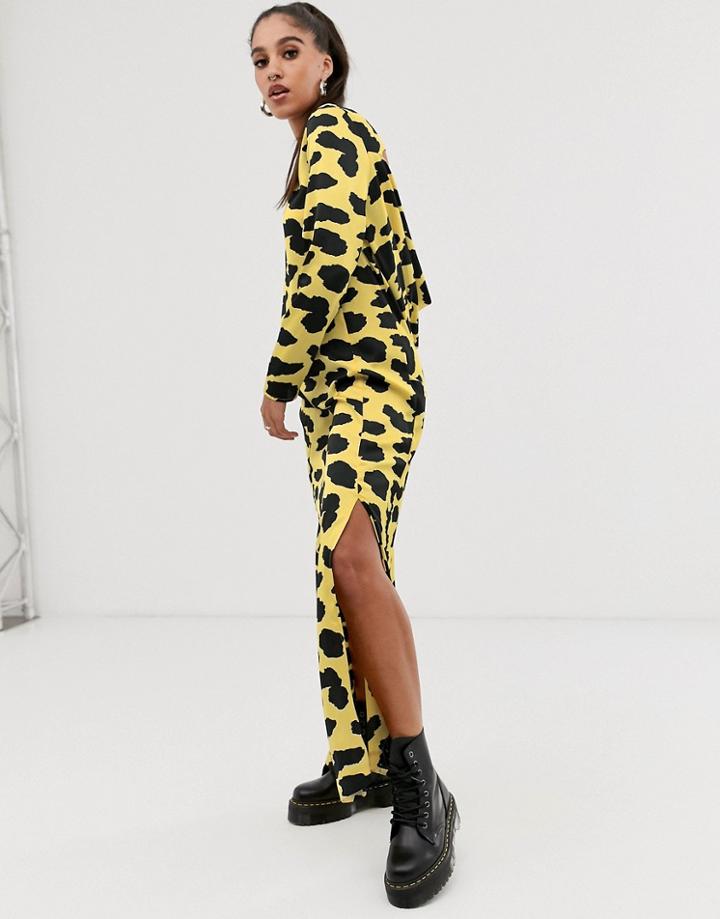 Asos Design Cowl Back Maxi Dress In Yellow Cow Animal Print - Multi